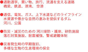 通勤通学、買い物、旅行、流通を支える道路、橋梁、鉄道、港湾、 空港 通信、電気、ガス、上下水道などのライフライン、水資源や豊かな自然の恵みを提供するダム、河川、公園 防災・減災のための 河川堤防・護岸、砂防施設、落石対策施設、耐震補強、警戒避難体制 災害発生時の早期復旧、多様な生物の生息環境の保全